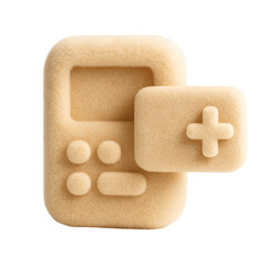 Poster - Soft beige plush calculator icon with add symbol on transparent  background, symbolizing mathematical operations and calculation concepts
