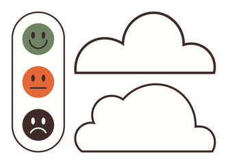 Poster - Happy, neutral, and sad faces arranged thumbs up a traffic light and two cloud outlines. Ideal for feedback, emotions, mood tracking, decision-making, mental health communication education. Clean
