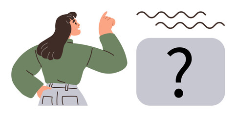Poster - Woman raising finger while thinking, abstract waves and question mark in a box. Ideal for idea generation, creativity, problem-solving, decision-making, brainstorming, contemplation, innovation