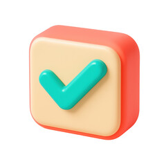 Poster - 3D icon of  check mark icon with green check symbol on beige and orange square isolated on transparent background, representing approval, confirmation, and success