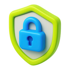 Poster - 3D blue padlock icon on a lime green shield symbolizing digital security and protection, conceptual representation for online privacy and data safety