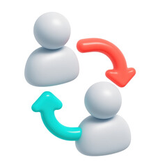 Poster - 3D abstract icon of two humanoid figures with circular arrows indicating interaction and communication on a transparent background