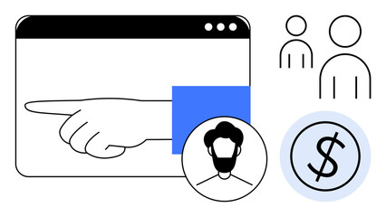 Poster - Hand pointing inside a browser interface, user avatars, and dollar sign symbolizing guidance, decision-making, audience targeting, financial management, customer segmentation, marketing, simple flat