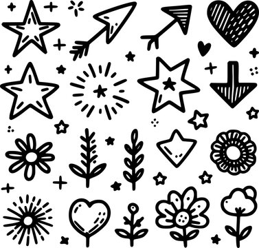 Sketch doodle cute star, emphasis, flower element. Cute line sketch star, arrow, heart decoration element icon set. Pen line text decoration shape icon. Vector illustration. EPS version.