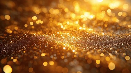 Poster - Golden glitter particles shimmer and shift across surface with glowing bokeh effect, creating a festive and luxurious atmosphere