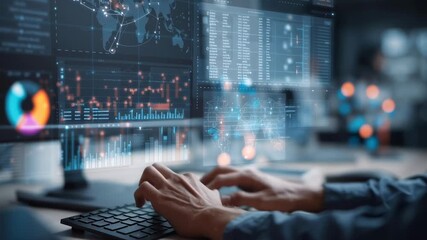 Aufkleber - A person is typing on a computer with a monitor displaying a graph. Concept of someone working on a project or analyzing data. Scene is focused and serious