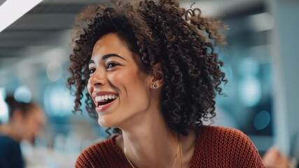 Poster - A woman with curly hair is smiling and wearing a red sweater. She is surrounded by other people, some of whom are looking at her. Scene is happy and friendly