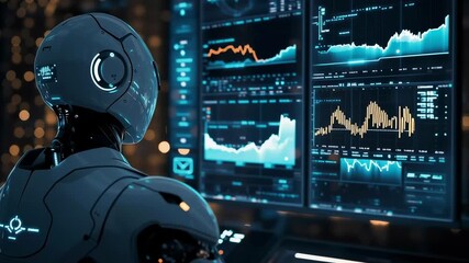 Aufkleber - A robot is looking at a computer screen with a lot of numbers and graphs. The robot appears to be focused on the screen, possibly analyzing the data. Concept of technology and intelligence