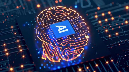 Poster - A computer chip with a brain on it. The chip is blue and orange