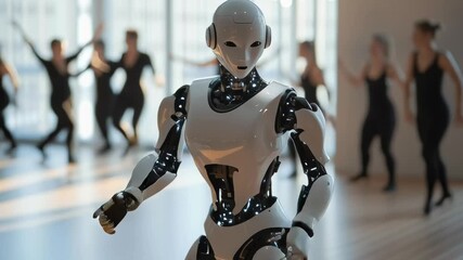 Aufkleber - A robot is dancing in front of a group of people. The robot is white and has a black face. The people are dressed in black and are dancing in the background. Scene is energetic and lively