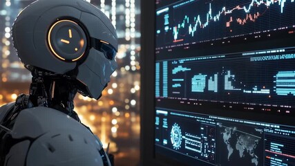 Aufkleber - A robot is looking at a computer screen with a lot of numbers and graphs. The robot appears to be focused and attentive, as if it is analyzing the data. Concept of technology and intelligence