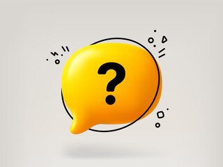 Poster - Yellow 3d speech bubble with question mark. FAQ concept for help and support. Vector thought bubble for social media question.