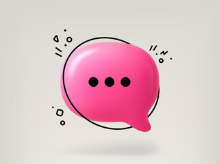 Poster - Pink 3d speech bubble vector with abstract doodle elements for chat, message, and communication concept.