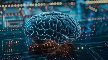 Aufkleber - A brain with the letters AI on it is on a computer chip. Concept of artificial intelligence and the potential of technology to mimic human thought processes