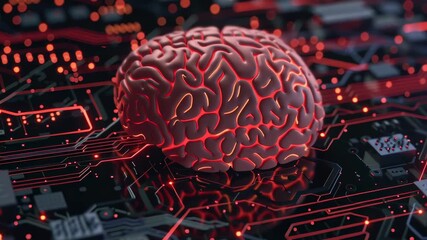 Aufkleber - A brain is shown on a black background with red lines. The brain is surrounded by a circuit board, which is also red. Concept of technology and artificial intelligence