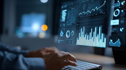 Aufkleber - A man is typing on a computer keyboard in front of a monitor displaying a graph. The graph shows a downward trend, which could indicate a decrease in sales or a negative outcome