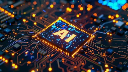 Poster - A computer chip with the letters AI on it. The chip is lit up and has a glowing effect