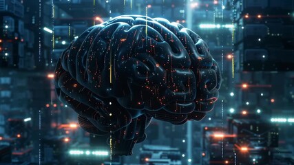 Aufkleber - A brain is shown in a cityscape with bright lights and glowing dots. The brain is surrounded by a network of wires and circuits, giving the impression of a futuristic, technological environment