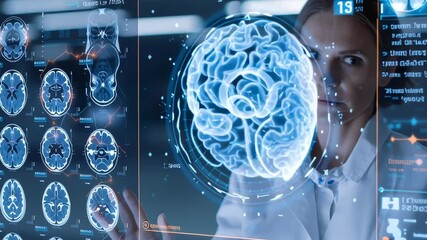 Aufkleber - A woman is looking at a computer screen with a brain scan on it. She is pointing at a spot on the screen