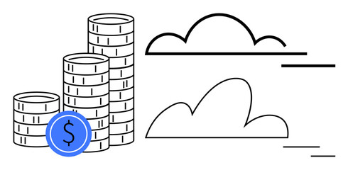 Poster - Stacked coins with dollar sign against cloud background depicting financial growth, investment, and savings. Ideal for finance, business, economy, banking, wealth, strategy money management simple