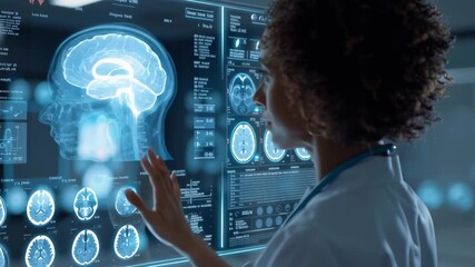 Aufkleber - A woman is looking at a computer screen with a brain scan on it. She is pointing at the scan and she is examining it closely