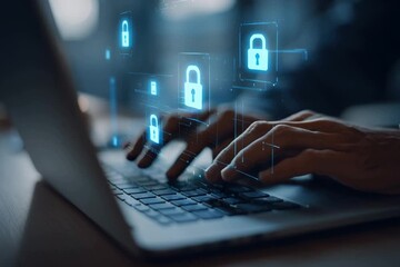 Poster - an office worker typing on their laptop, with the screen showing close-up details of hands and keyboard The background is blurred to emphasize focus on security symbols such as a padlock Generative AI