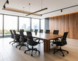 © Bayu - Modern Conference Room with Wood Table, Black Chairs, and City View