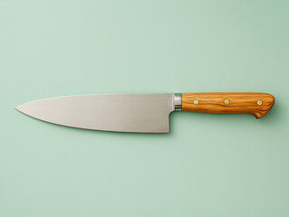 A chef's knife with wooden handle on pastel green background