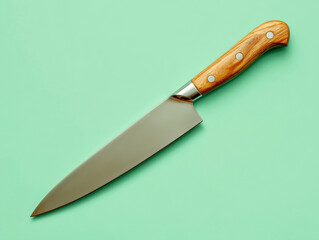 A chef's knife with wooden handle on pastel green background