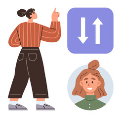 Poster - Woman pointing upward, directional arrows symbol for exchange or choice, circular female portrait. Ideal for decision-making, networking, teamwork, communication, leadership, collaboration career