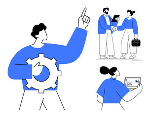 Poster - Businessperson holding a gear, pair shaking hands over documents, and individual reviewing data. Ideal for teamwork, innovation, business strategy, partnership, decision-making, growth leadership