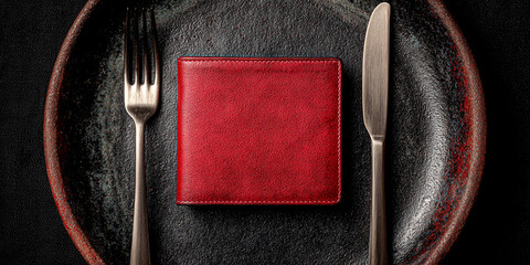 Poster - Red leather texture on dark plate, silver fork and knife beside, minimalist table setting, suggesting luxury or fine dining