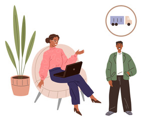 Poster - Woman seated with a laptop engaging in discussion while a man stands nearby, framed by a plant and truck icon. Ideal for collaboration, teamwork, online work, delivery, logistics, informal