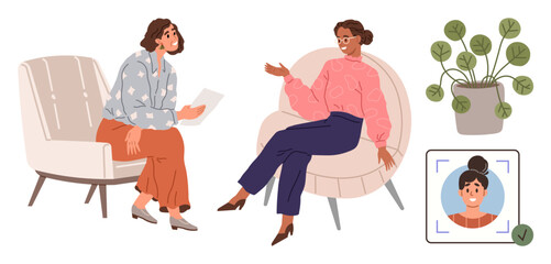 Poster - Two women in casual conversation, seated on modern chairs near a plant, with a profile picture displayed digitally. Ideal for teamwork, communication, counseling, HR, meetings, virtual identity flat