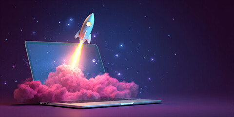 Poster - Laptop screen displays rocket launching from pink smoke, symbolizing fast growth, innovation, and digital success, ideal for tech startup concepts