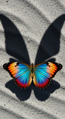 Poster - Colorful butterfly on light gray sand, casting a large shadow, symbolizing transformation, freedom, and fragility of life
