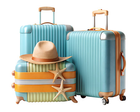 Stylish suitcases with hat and starfish on transparent background