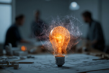 Poster - Glowing lightbulb on blueprint, surrounded by network, symbolizes innovation, idea generation, connection, and teamwork in business