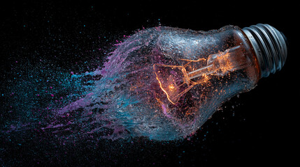 Poster - Shattered lightbulb with vibrant blue and purple paint splash, depicting explosive creativity, innovation, or a sudden burst of energy