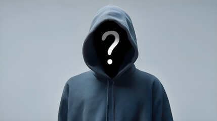 Poster - Hacker hiding face with question mark symbol in dark hoodie