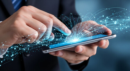 Poster - Close-up of hands using smartphone, glowing network lines emanating from screen, symbolizing digital connection, global network, and technological advancement