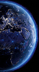 Poster - Night view of Earth, showcasing illuminated cities and glowing network connections, symbolizing global communication and interconnectedness, ideal for technology or travel concepts