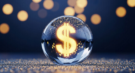 Poster - Glass sphere with glowing dollar sign inside, resting on glitter, bokeh background, symbolizing wealth, finance, and prosperity
