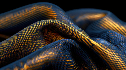 Poster - Elegant fabric texture with intricate patterns in blue and gold hues, showcasing luxurious and sophisticated appearance. smooth draping creates sense of depth and richness