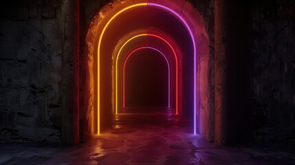 Poster - Vibrant scene featuring illuminated arches in dark, textured environment, creating captivating atmosphere. neon colors of arches evoke sense of mystery and intrigue, inviting exploration