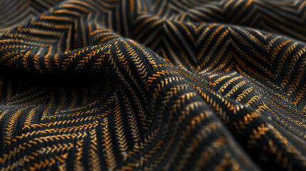 Poster - Luxurious fabric with herringbone pattern showcasing rich woven texture in black and gold tones, perfect for elegant designs and stylish applications