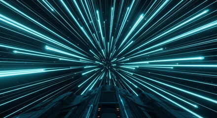 Poster - Abstract image of cyan light streaks radiating from a central point, suggesting speed, movement, and futuristic technology, creating a dynamic and energetic visual