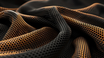 Poster - Fine mesh fabric texture in translucent view showcases blend of black and orange colors, creating visually striking pattern. intricate design evokes sense of chaos and elegance