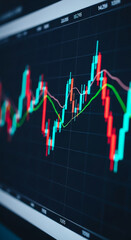 Poster - Close-up of a stock market chart displayed on a screen, showing candlestick patterns and trend lines in red and teal, representing financial market data and price fluctuations
