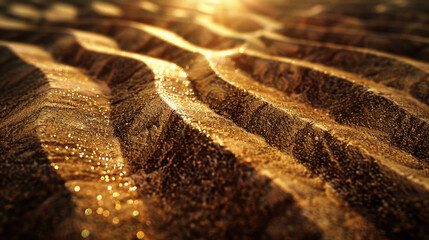 Poster - Fine ripple texture on beach sand under golden sunlight creates mesmerizing scene. intricate patterns and glistening droplets evoke sense of tranquility and natural beauty